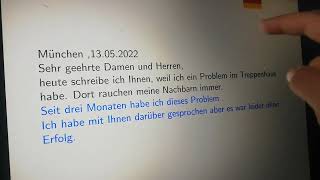 B1 Brief schreiben 2022. Beschwerde wegen dem Rauchen im Treppenhaus.