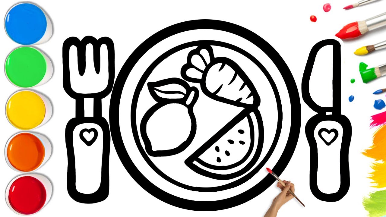 Как нарисовать тарелку с фруктами, овощами, вилкой и ножом | Простое пошаговое руководство