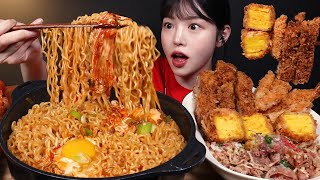 SUB)Spicy Shin Ramyun with Crispy Pork Cutlets and Egg Cutlets Mukbang ASMR