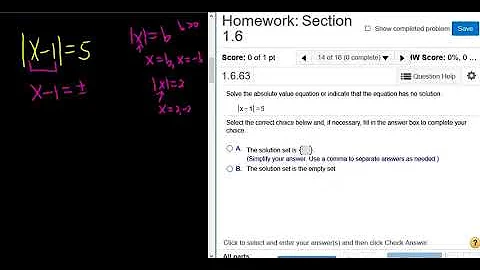Solve |x - 1| = 5 College Algebra MyMathlab Homework