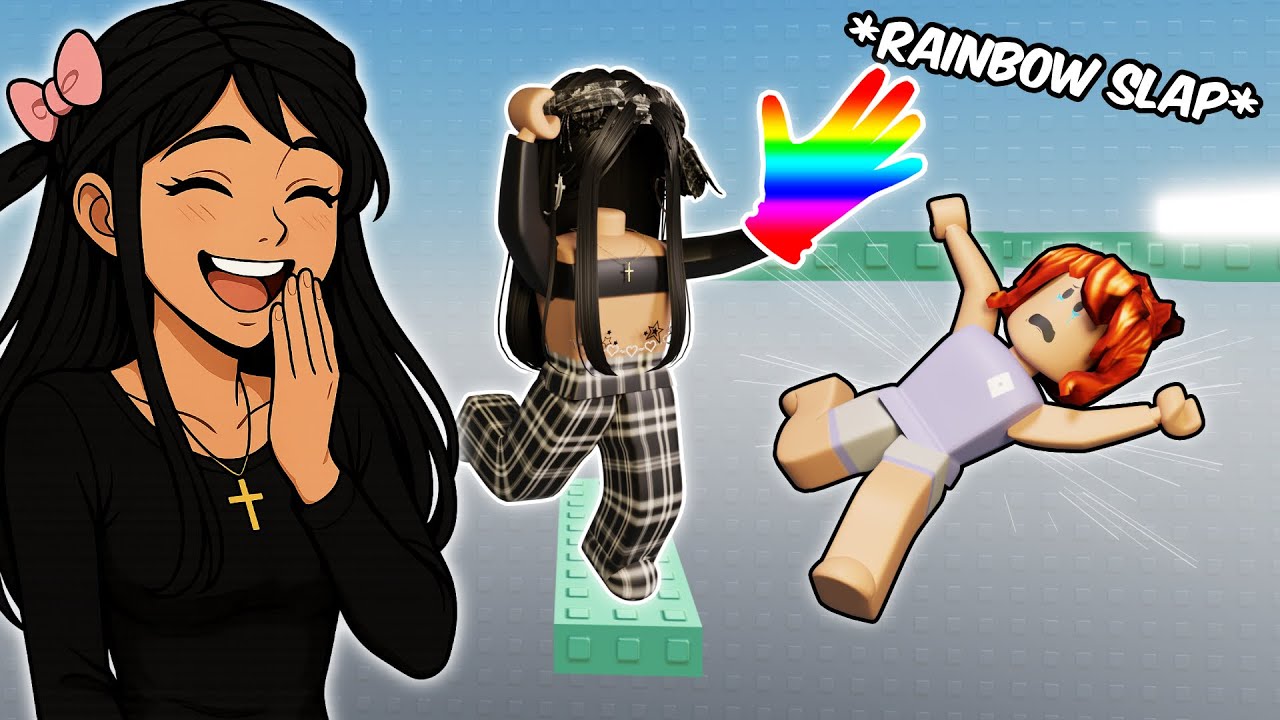 Победа над игроками с помощью радужных пощечин в игре SLAP OBBY