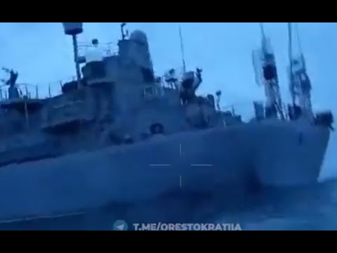 A new video shows a Ukrainian marine drone attacking and hitting the Russian intelligence ship Ivan Khurs, north of the Bosphorus Strait during the marine dr...
