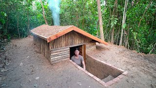 Building Warm Survival Shelter With Fireplace | Bushcraft &amp; Earth Shelter, Campfire Cooking