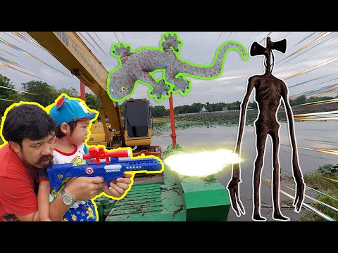 น้องภพ l ตุ๊กแกร้องบนเรือรถแม็คโคร ปริศนาหาปืนจัดการไซเรนเฮด Excavator Gecko Sirenhead Gun toy