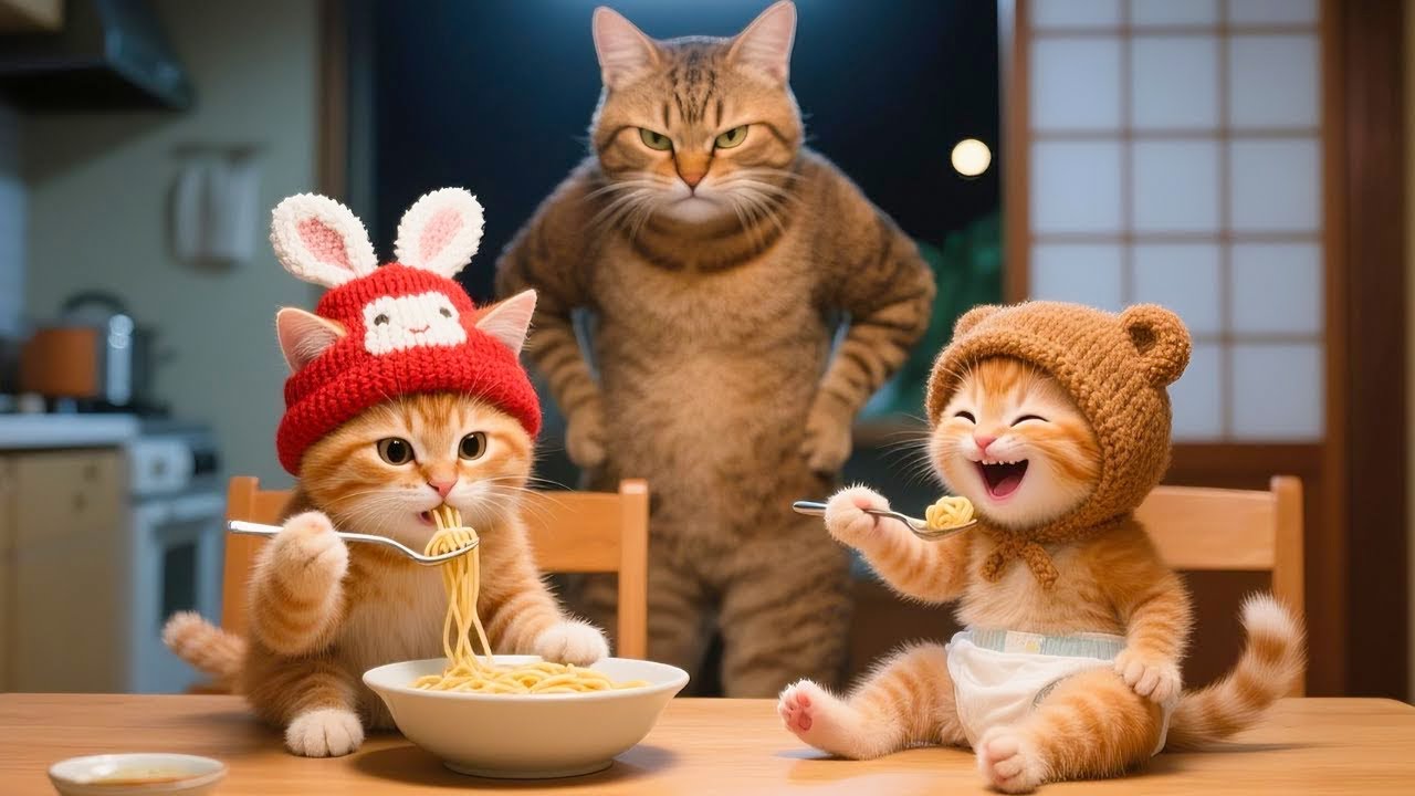 Ginger Sisters Sneak Ramen at Midnight 🍜🐱 | Caught by Papa Cat | Cozy Family Moments