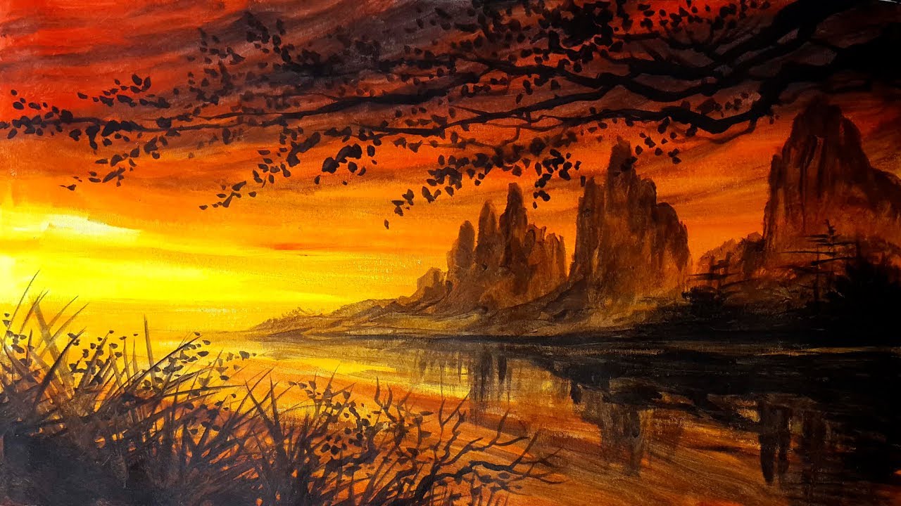 Tutorial Melukis Sunset Ini Caranya Youtube Sunset Painting Acrylic Painting Tutorials Painting Tutorial