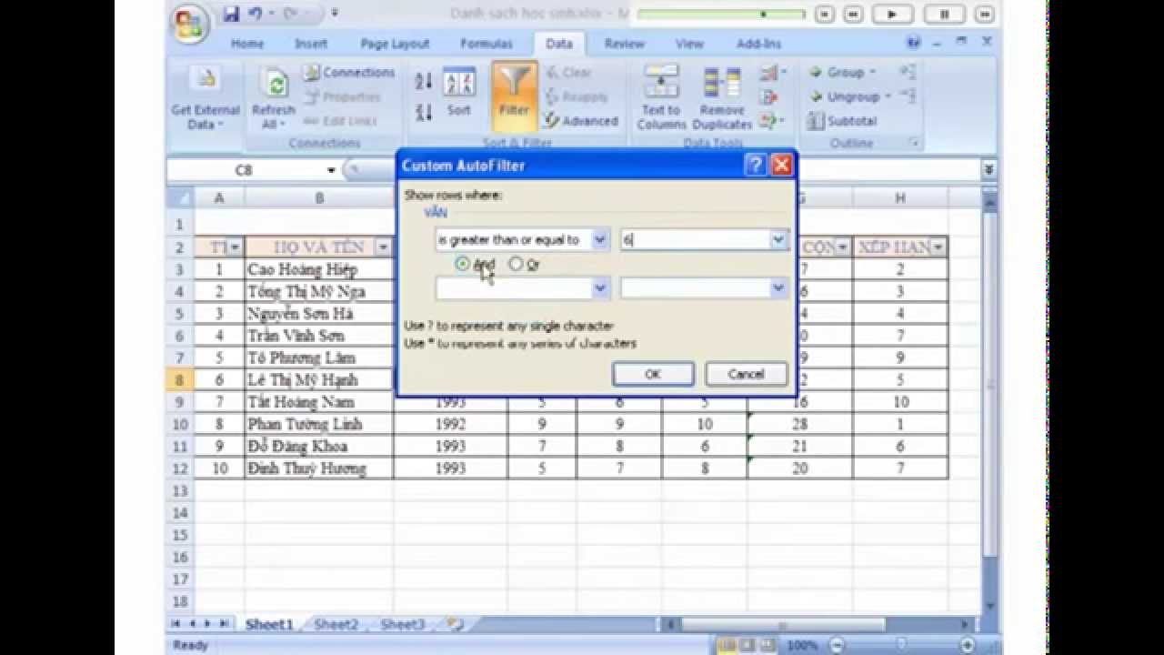 Cách lọc dữ liệu trong bảng tính Excel