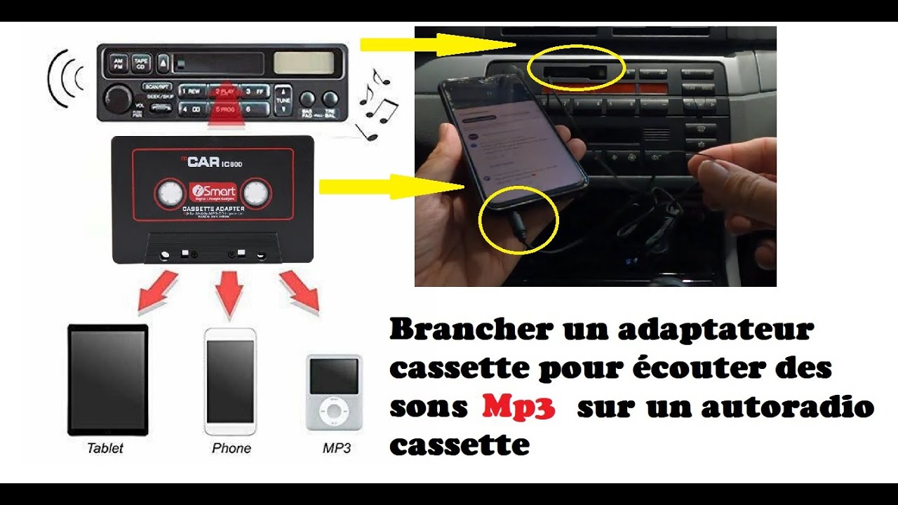 Connect an Mp3 jack cassette adapter to listen to music on K7 car radio 