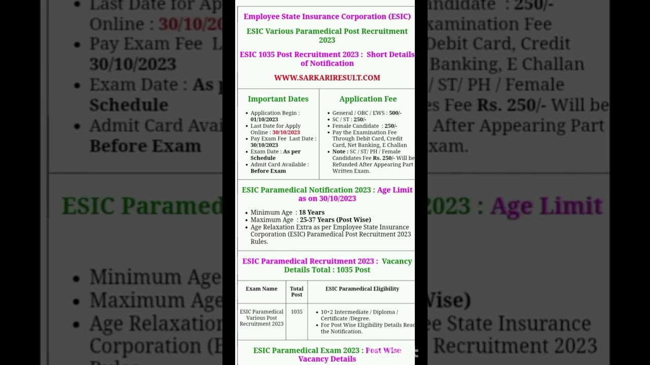 ESIC Various Paramedical Post Online Form 2023