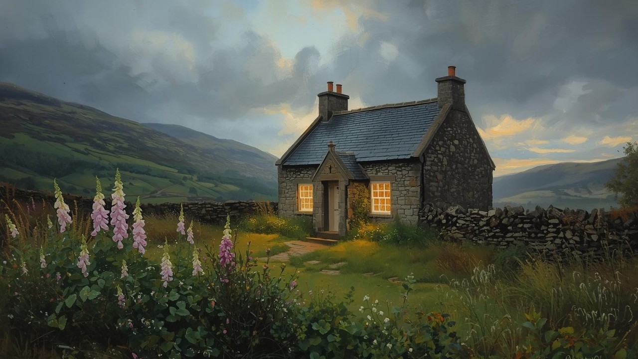 Irish Mountain Cottage at Dusk St. Patricks Day Vintage Painting | Frame TV Art | 2-Hour Screensaver