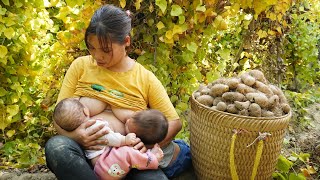Single mother raising two children, Harvest yams goes to the market sell, Daily life of a single mom
