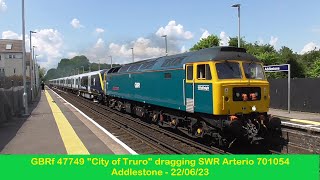 GBRf 47749 'City of Truro' dragging SWR Arterio 701054 past Addlestone on 22/06/23
