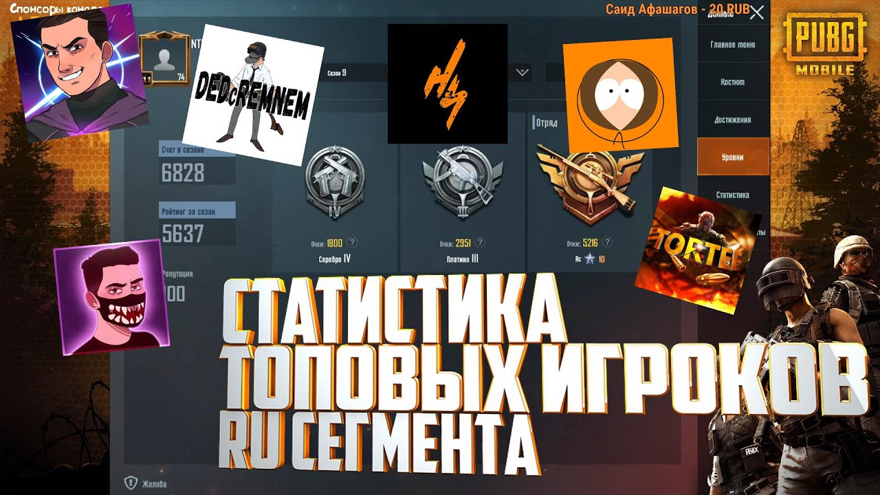 Статистика топовых игроков Пубг Мобайл RU Сегмента Vetrel, Tortee, Horosho Sidim. Pubg Mobile