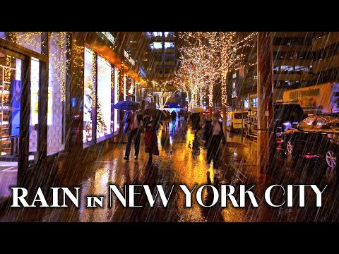 New York, Hoa Kỳ | Đại Lộ Rockefeller Center 5th | Đi Bộ Đêm Mưa 4K