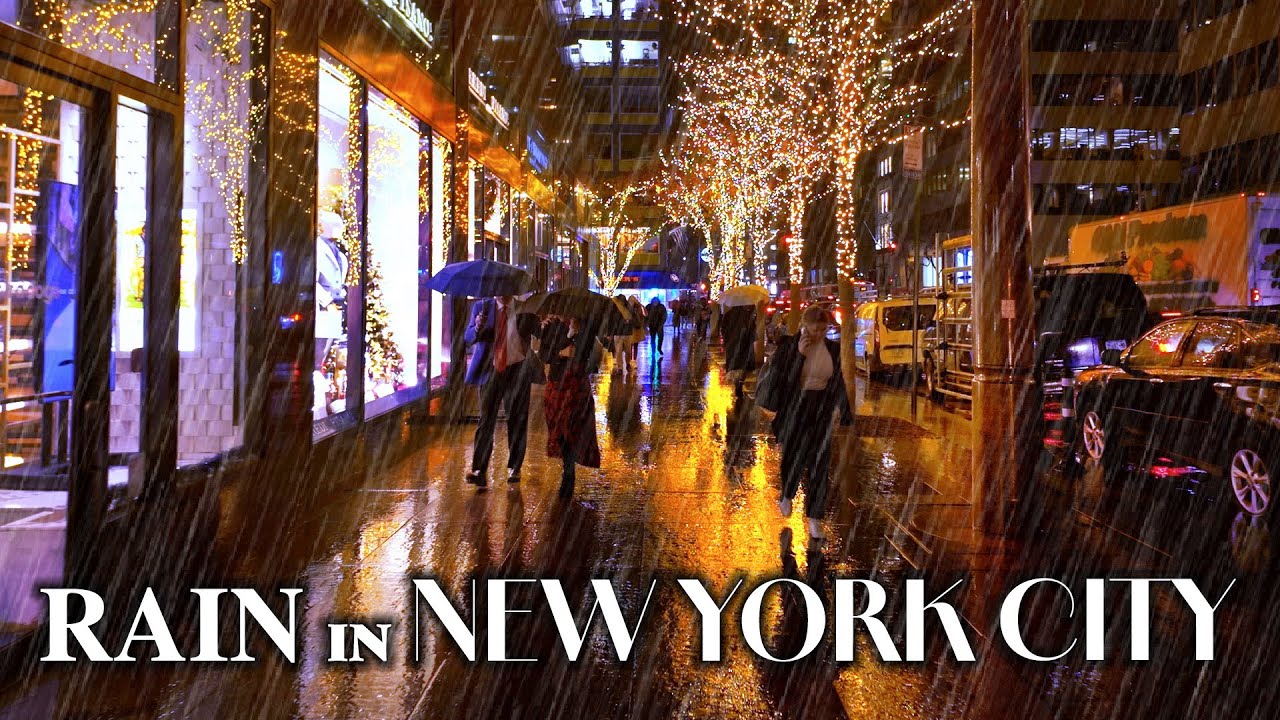 New York, Amerika Serikat | Avenue Rockefeller Center 5th | Jalan Malam Saat Hujan 4K