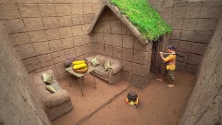 Survival Girl Camping Living Alone Building A Modern Underground House with Grass Roof and Sofa