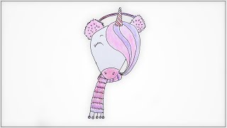 How to draw a cute funny unicorn in fluffy fur earmuffs, Unicorn in winter. Design concept for kids.
