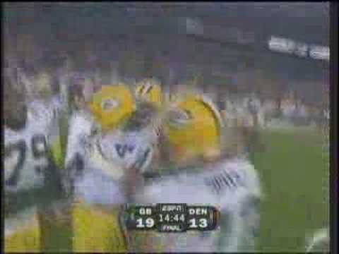 In OT, Favre sinks the Broncos with an 82-yard bomb to Greg Jennings on the first play from scrimmage.