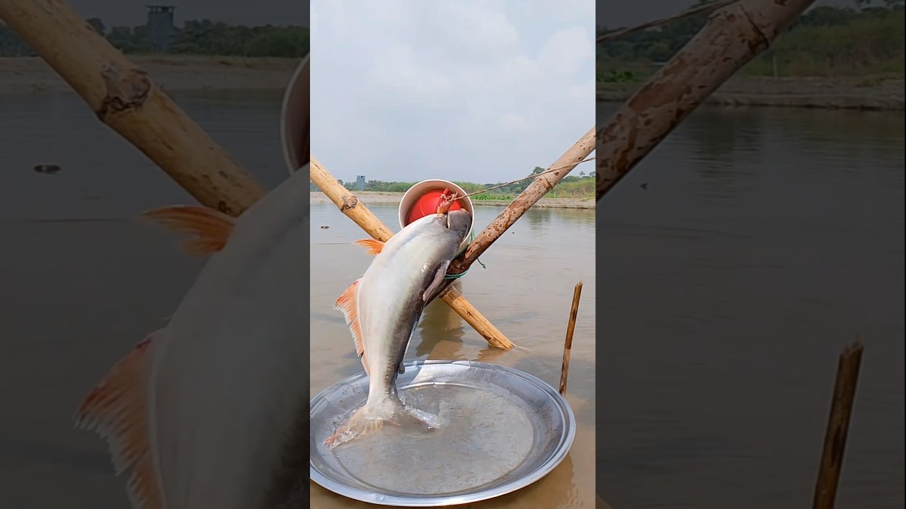 Fishing with a pipe in the river 