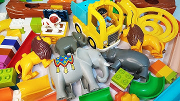 Satisfying Building Blocks ASMR Marble Run - Elephant, Lion, hippopotamus and Truck course