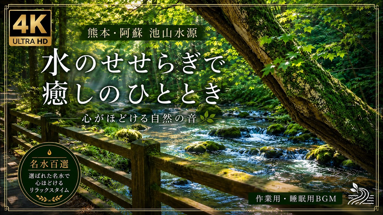 4K自然音】熊本・阿蘇 池山水源の水のせせらぎ｜癒しの作業用・睡眠用