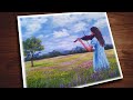 Girl Playing Violin in Flower Field Acrylic Painting