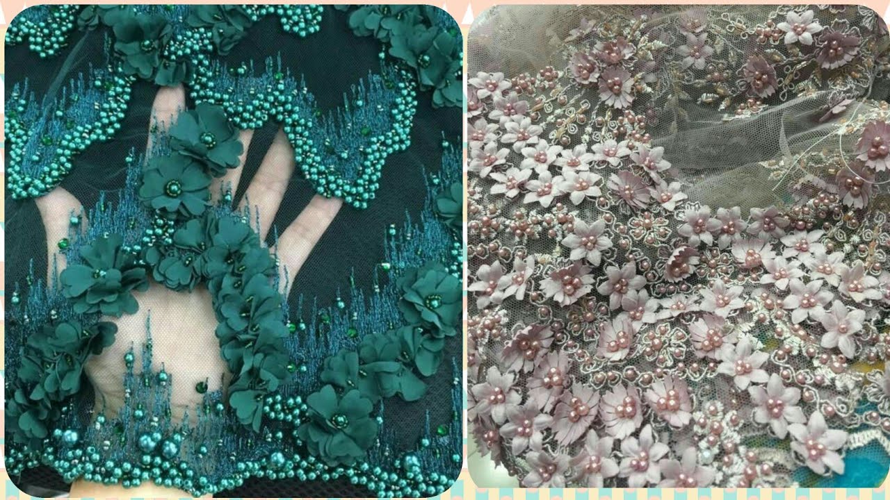Luxury Hand Made Bridal Bead & Pearl Fabric /3D Flower Lace- Embroidered Fabric Designs