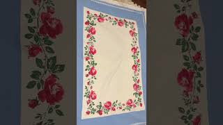MCM vintage Tablecloth with roses and blue frame 65”!x 50”. #vintagestyle