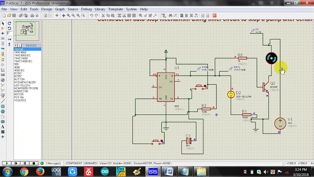 Construct an auto stop mechanism using timer circuit to stop a pump ...