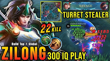 SAVAGE + 22 Kills!! Zilong 300 IQ Play, Perfect Turret Stealer!! - Build Top 1 Global Zilong ~ MLBB