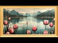 Tulips at the Foot of the Mountains golden frame vintage art tv watercolor minimalist abstract muted