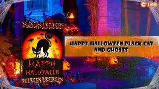 HAPPY HALLOWEEN BLACK CAT AND GHOST || GARDEN FLAG SERIES