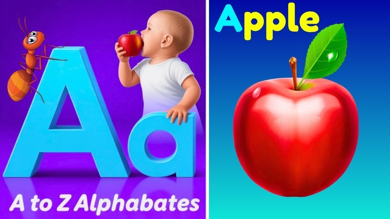 Песенка про фонетику ABC - обучающие видеопесни для малышей, буква А — яблоко, детские стишки, пе...