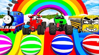 Monster Truck Flatbed Trailer Tractor Rescue Bus - Big & Small Cars - Cars vs Rails and Train