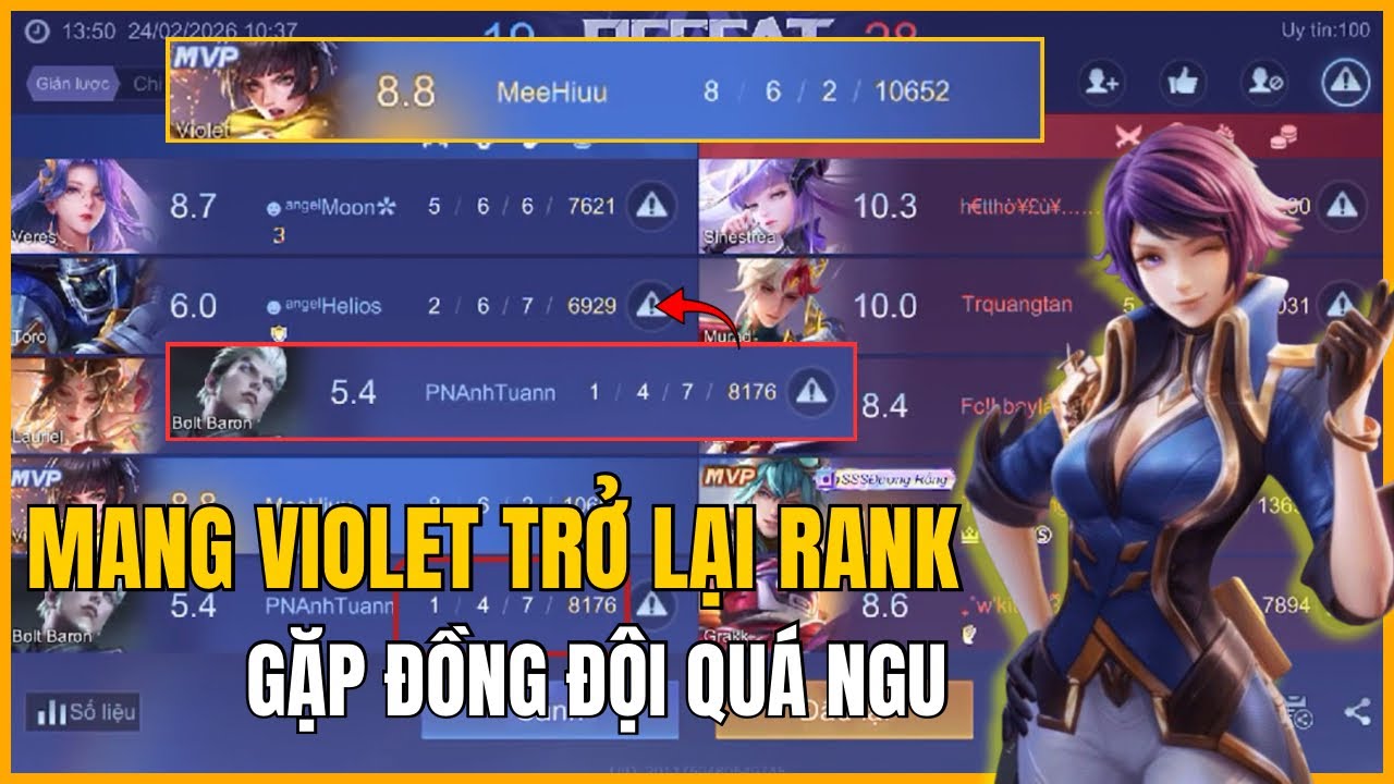 MANG VIOLET TRỞ LẠI RANK NHƯNG GẶP ĐỒNG ĐỘI QUÁ NGU VÀ CÁI KẾT ĐẮNG | LIÊN QUÂN MOBILE