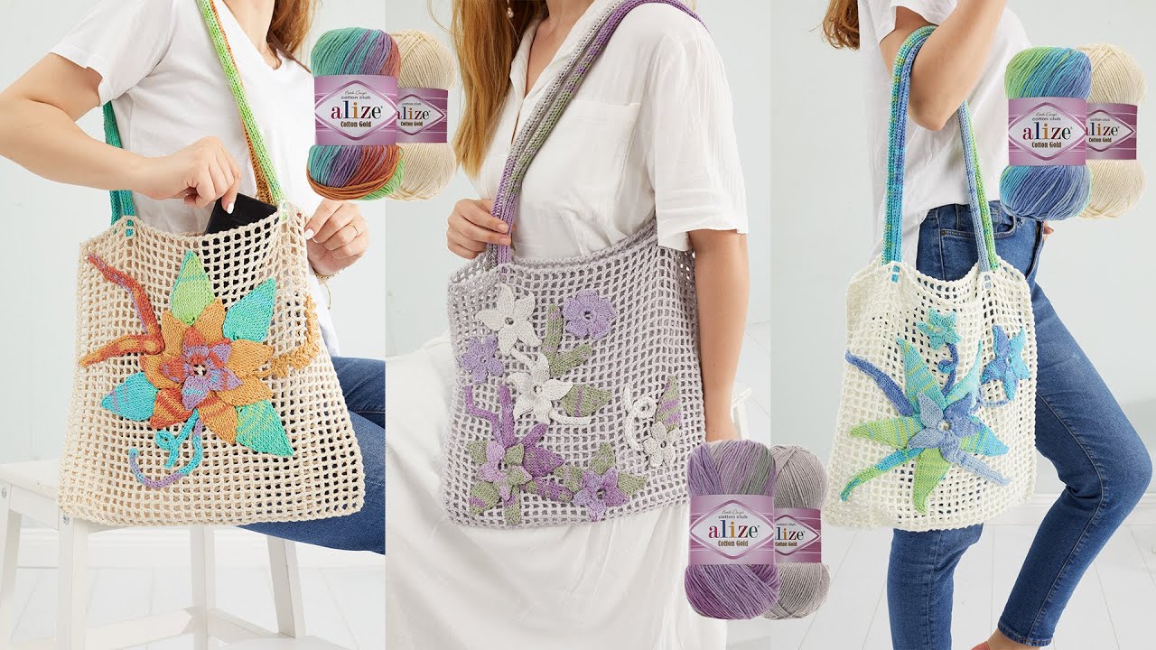 Alize Cotton Gold ile Çiçekli Çanta • Crochet Flower Bag • ЦВЕТОЧНАЯ СУМКА