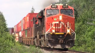 Very Long Stack Train CN 120 w/Rebuilt AC44C6M DPU Flying thru Debert, NS at track speed