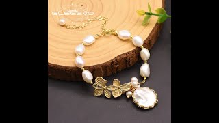 GLSEEVO 100% Natural Fresh Water White Pearl Bracelets For Women Girl Birthday Leaves Bracelet