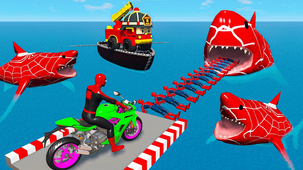 Superheroes on a motorcycle ride over the sea along the Spider-Man ...