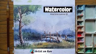 Easy watercolor landscape painting for beginners step by step tutorial || artist om Ram