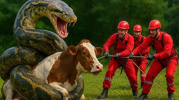 Courageous Rescue Team Fights GIANT PYTHON to Save Innocent Cow 🐍#wildliferescue #wildlife