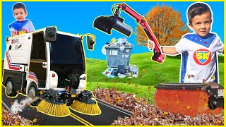 Street sweeper grapple truck trash clean up with kids ride on tractor, forklift and gator for kids