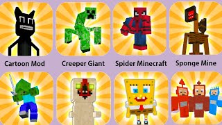 Siren Head Minecraft,Cartoon Cat Mod,Creeper Giant,Zombie Giant,SpongeBob Giant Minecraft