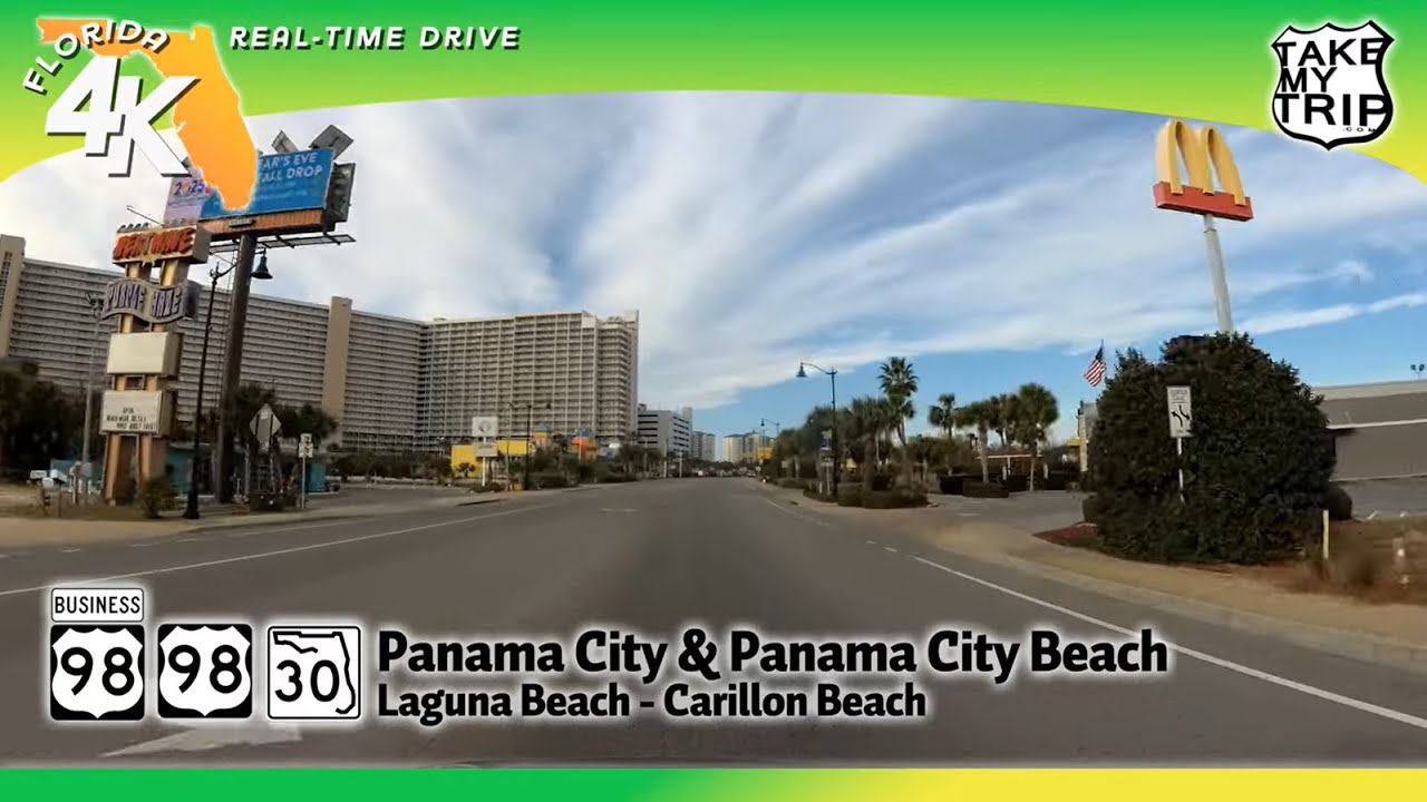 Panama City Drive to Panama City Beach, Laguna Beach on US 98, Business 98, scenic drive in 4K