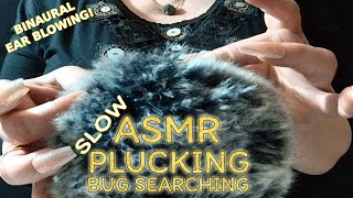 Slow ASMR | Calm PLUCKING and Bug Searching on the Fluffy Mic (With Tingly Binaural Ear Blowing)