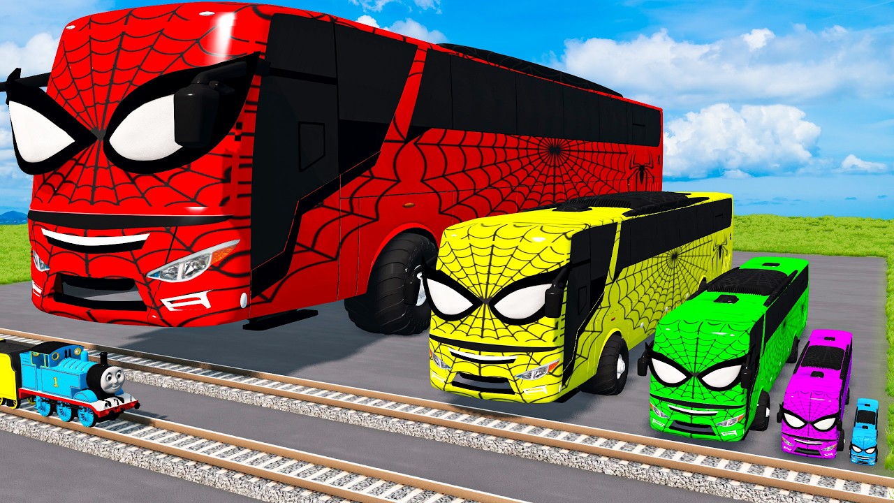 Big & Small Colors Buses Spiderman vs Train Thomas | BeamNG.Drive