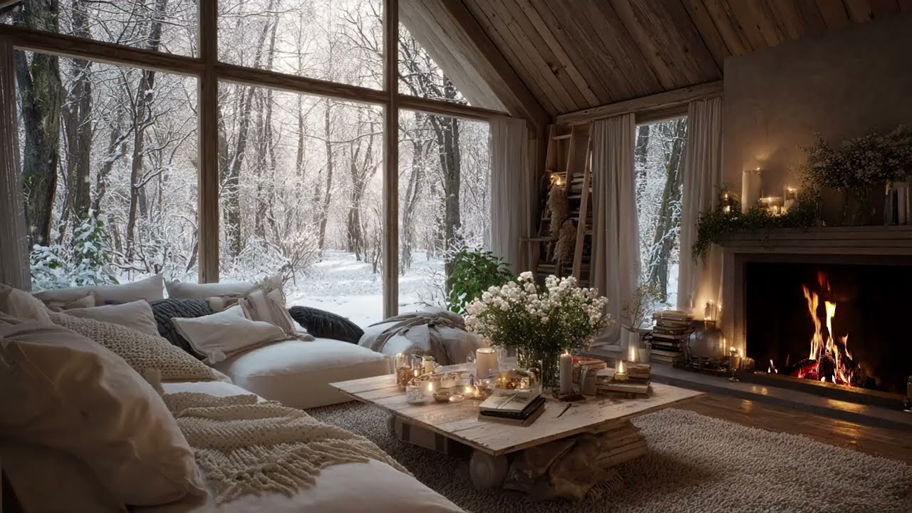 Soothing Winter Piano: Warm Cabin Fireplace and Heavy Snowfall for a Quiet Study Time