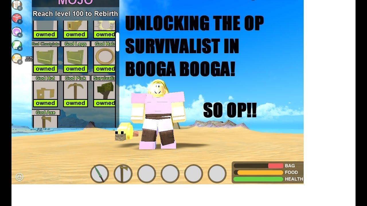 Roblox Booga Booga Unlocking The Survivalist So Op Youtube - new shelly bag in booga booga infinite bag roblox