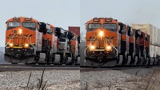 70 mph BNSF Z train chases giant 4x4x0 BNSF Mega Stack train!! BNSF Transcon: Marceline sub..4/11/25