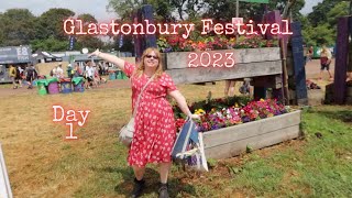 Glastonbury Festival 2023 Day 1 Wednesday vlog, Carhenge, market stalls, craft field, fireworks.